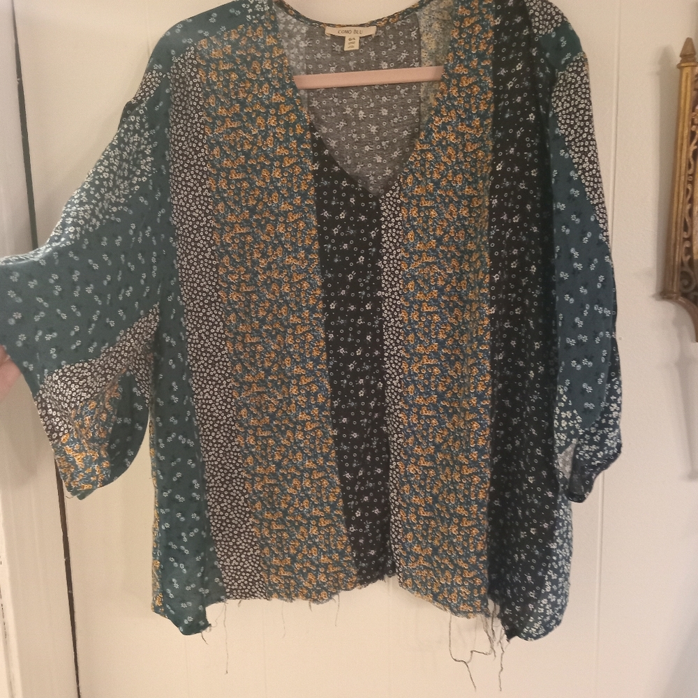 Floral Patchwork Style V-Neck BlouseDistressed Boho Cute Floral Mismatch Blouse